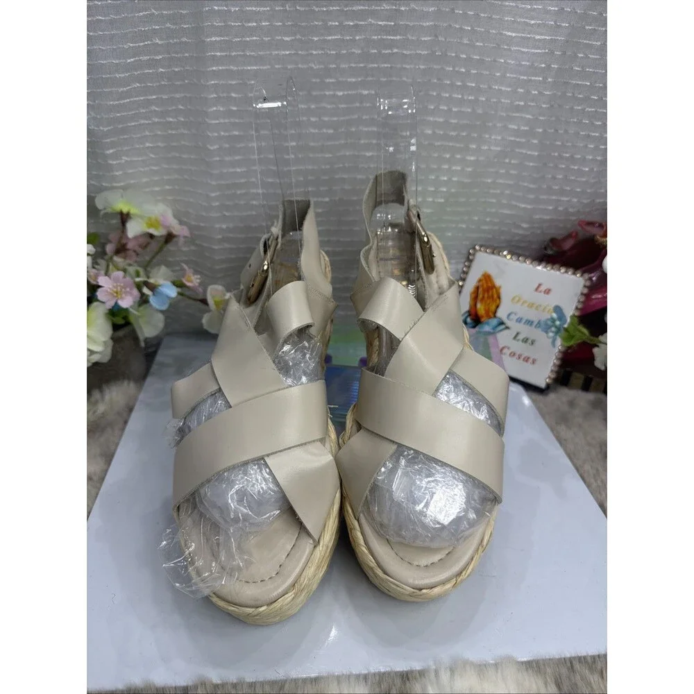 (S2)ZARA NEW CREAM Leather WOVEN BRAIDED STRAW PLATFORM SANDALS FESTIVAL Sz 39/8 - Picture 4 of 12
